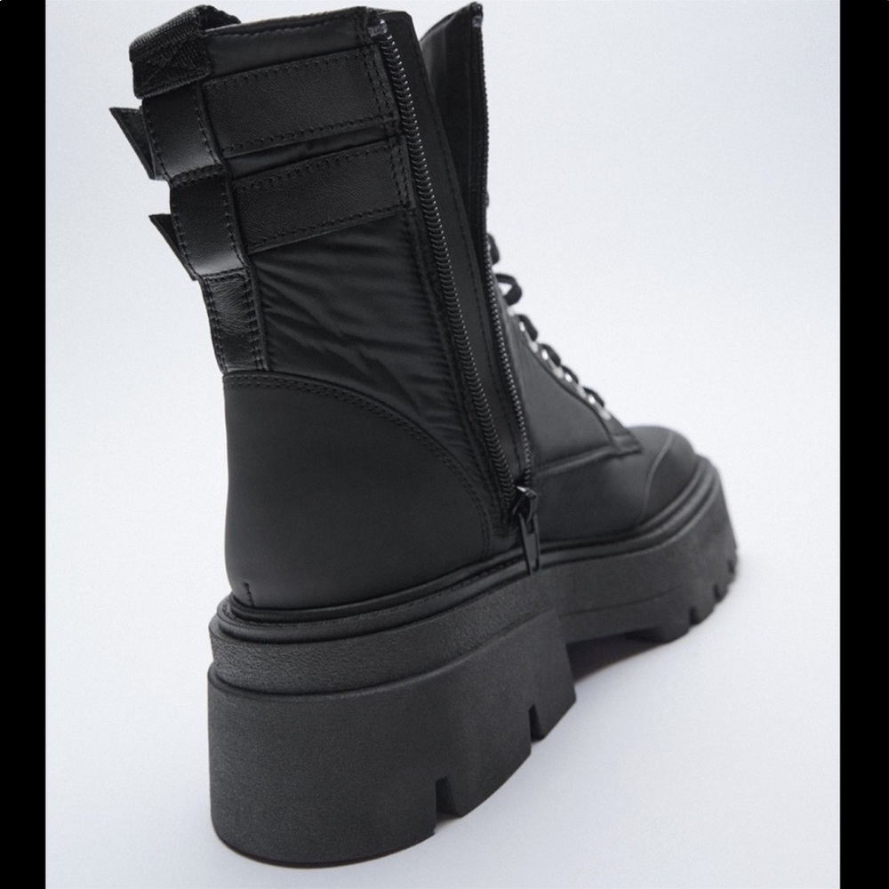 Zara black thick sole lace ups , quilted , doble buckled ,combat boots - Picture 6 of 12